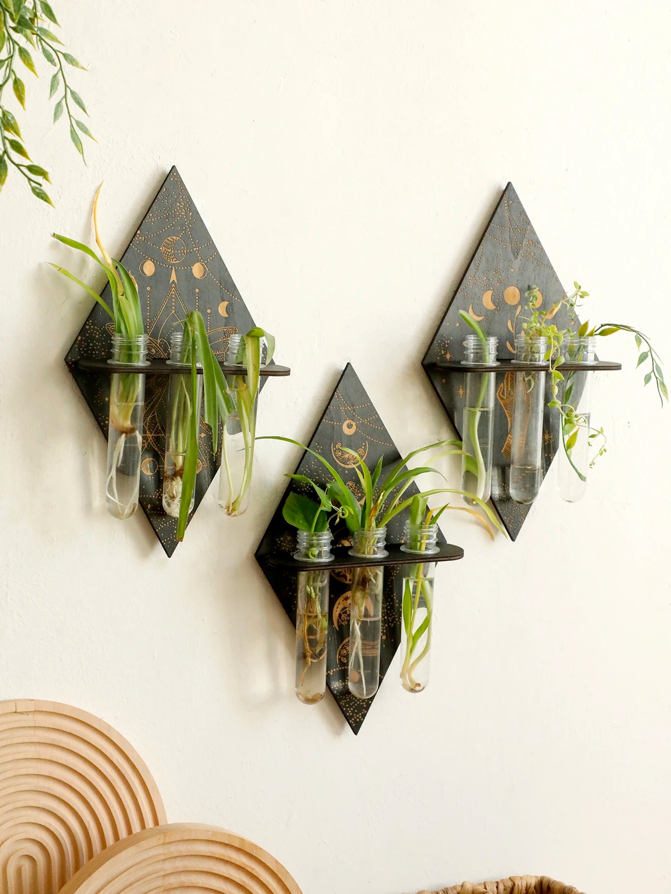 1Pc Wall Flower Pot , Wooden Plant Propagation Station, Hand of God Planter with 3 Plastic Test Tubes, Boho Home Decor Gift