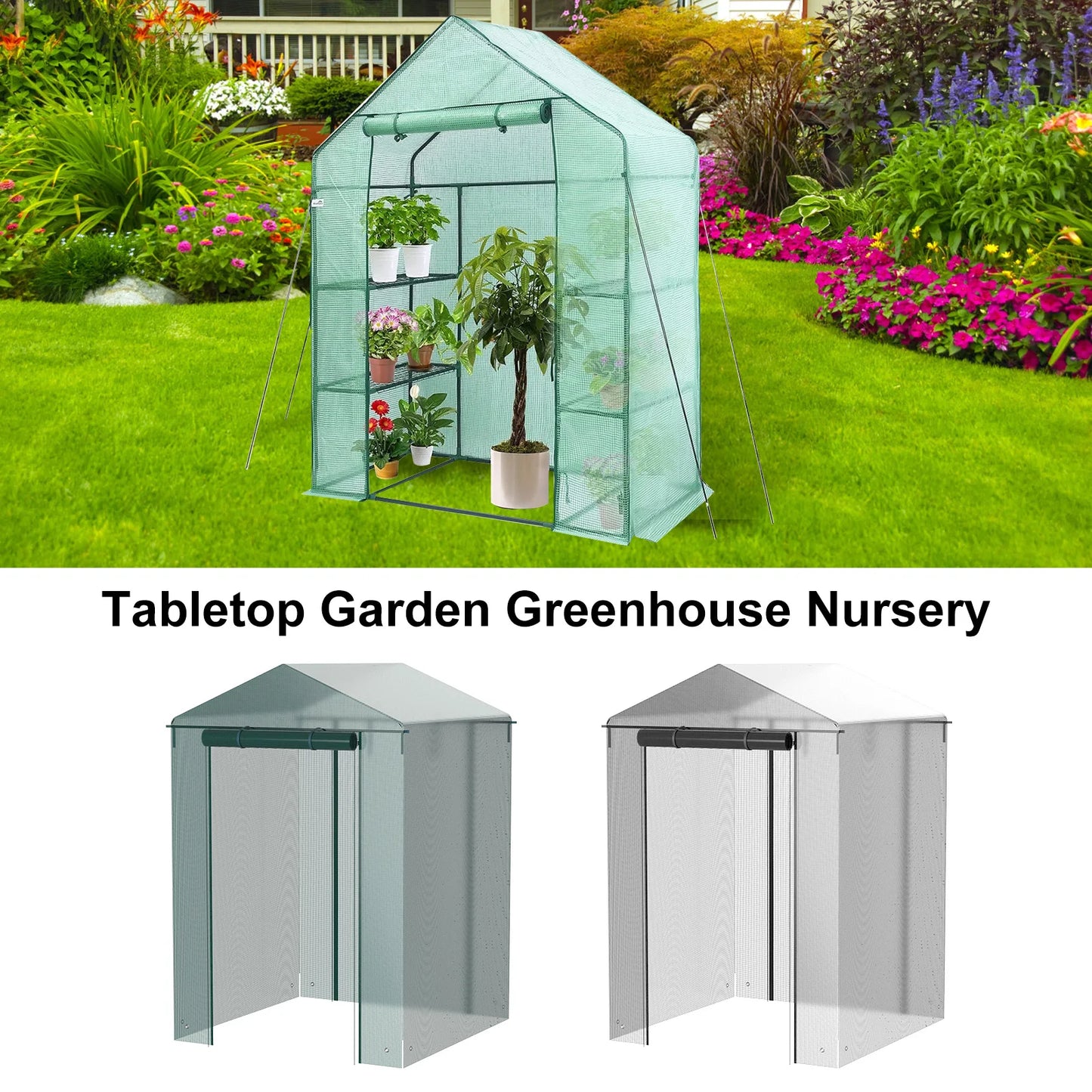 Walk-In Greenhouse Cover Waterproof PE Greenhouse Replacement Cover with Roll-Up Zipper Door Uv-Resistant Small Warm House