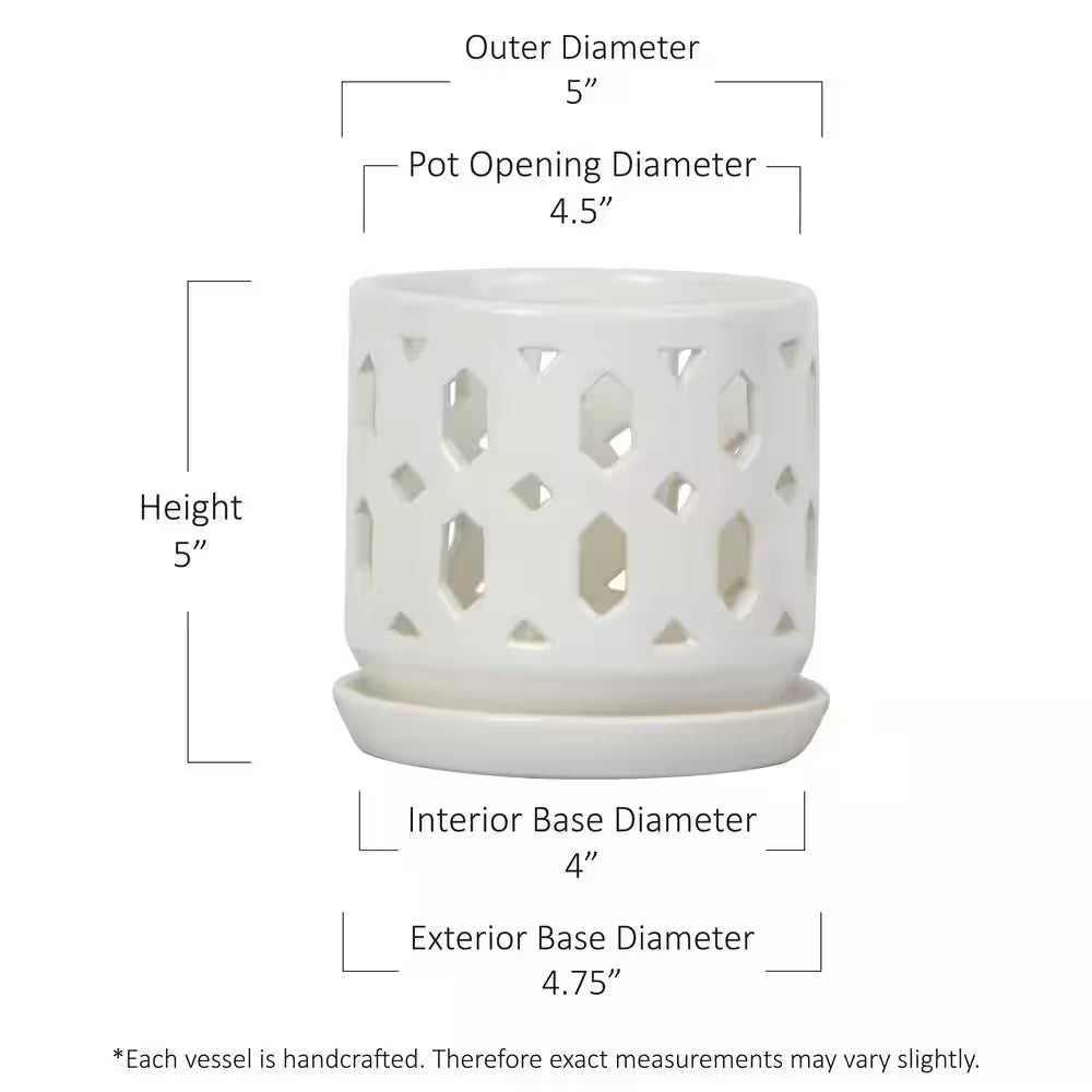 Dixie Small White Ceramic round Orchid Planter with Drainage Holes and Attached Saucer (5 In. L X 5 In. W X 5 In. H)
