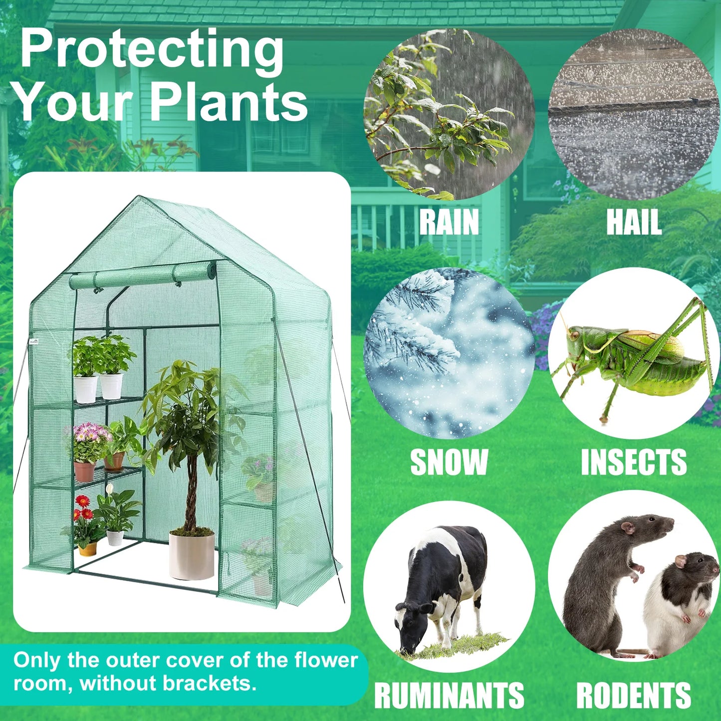 Walk-In Greenhouse Cover Waterproof PE Greenhouse Replacement Cover with Roll-Up Zipper Door Uv-Resistant Small Warm House