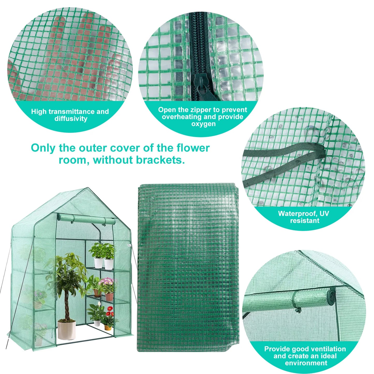 Walk-In Greenhouse Cover Waterproof PE Greenhouse Replacement Cover with Roll-Up Zipper Door Uv-Resistant Small Warm House