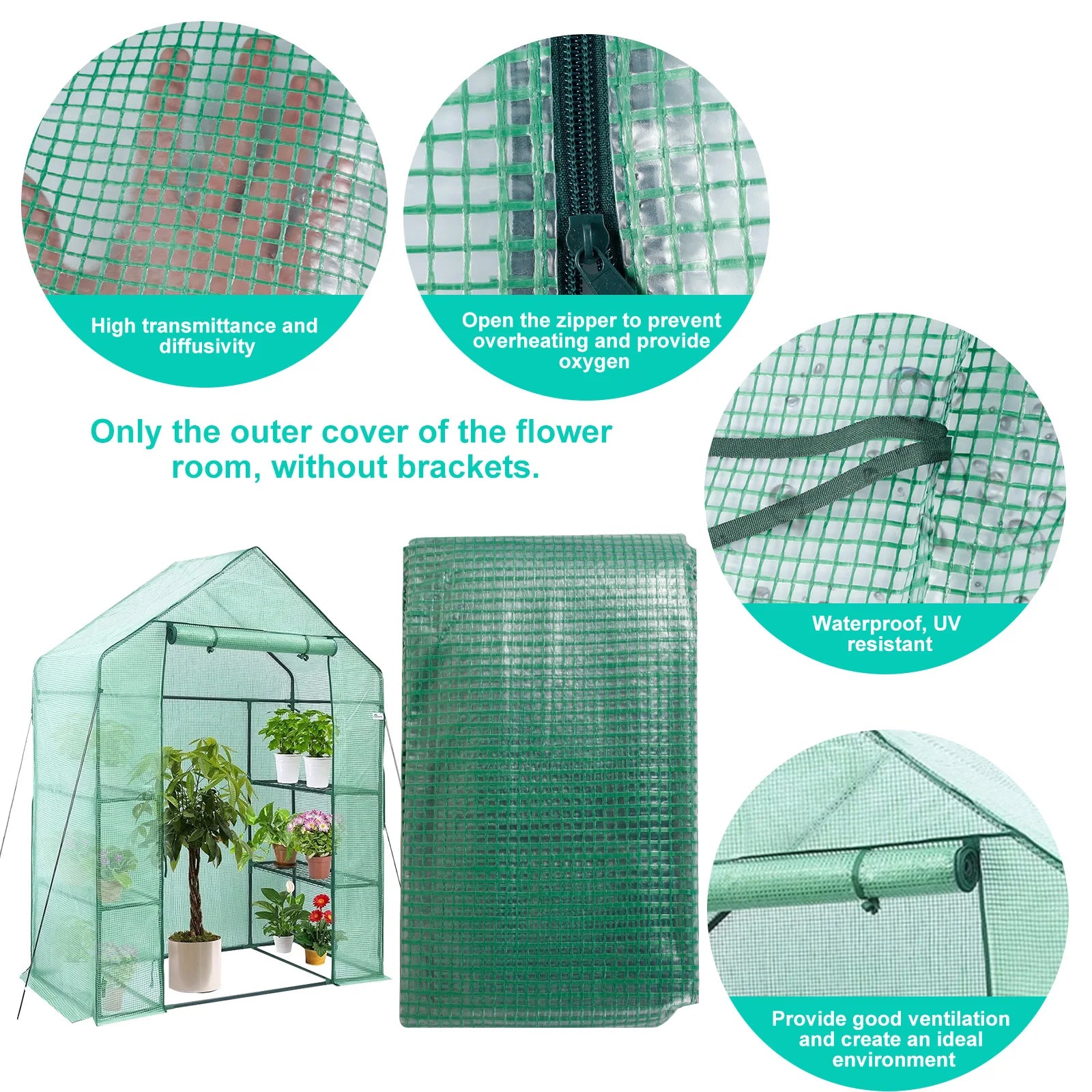 Walk-In Greenhouse Cover Waterproof PE Greenhouse Replacement Cover with Roll-Up Zipper Door Uv-Resistant Small Warm House